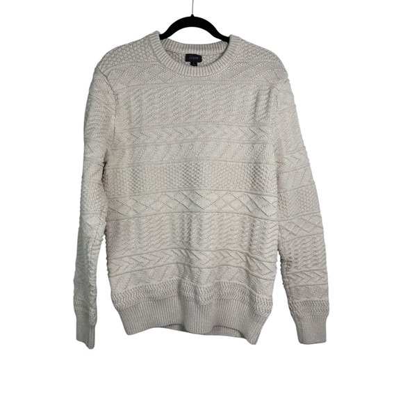 J Crew Mens L Ivory Beige Guernsey Cable Knit Crew Long Sleeve Pullover Sweater - Picture 1 of 4